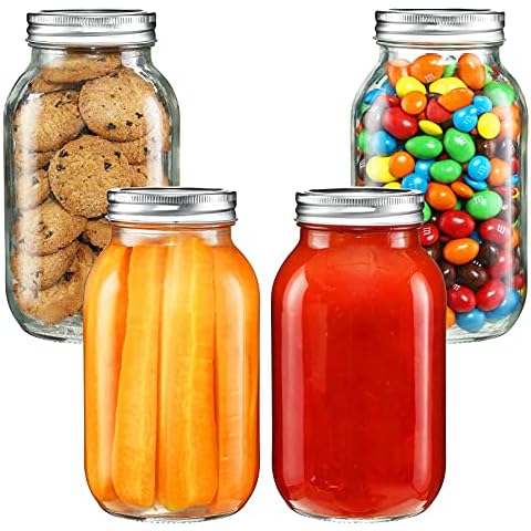 YEBODA 32 oz Mason Jars Canning Jars with Airtight Lids and Bands 4 Pack Ideal for Preserving, Meal Prep, Overnight Oats, Jam, Jelly, Jams, Spice, Sauces, Salads, Yogurt, Wedding Favors Cover