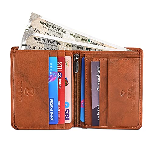 Image of Zeetap Genuine Leather Wallet for Men with RFID Protection, Bifold Notecase with 2 ID Windows Slim Wallet with 9 Card Slots (Antique Brass)