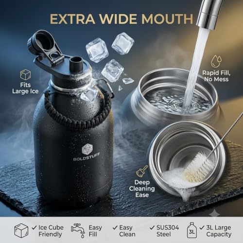Image of Insulated Water Bottle 3000ml, Self Design Hot Water Bottle, Thermosteel Water Bottles for Travel, Home, Office, School, Gym, Adults, ISI Certified Water Bottle 12+ Hr Hot and 18+ Hr Cold, Black