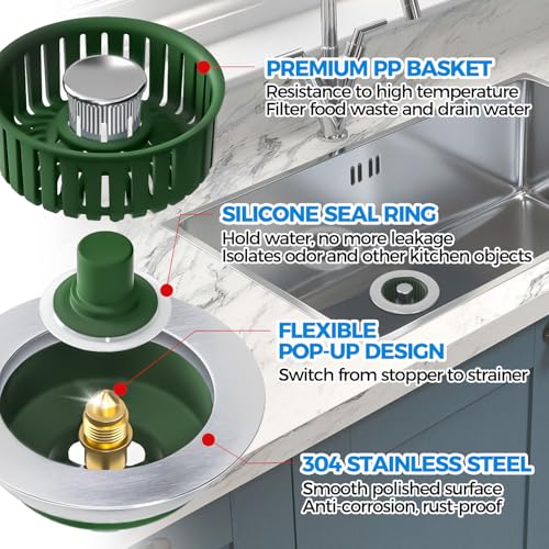 Upgraded 3in1 Kitchen Sink Drain Strainer & Sink Stopper, Stainless Steel Kitchen Drain Plug & Cover with Anti-Clogging Basket Strainer, Fit US Standard 3-1/2'' Sink Drain Hole, OliveGreen