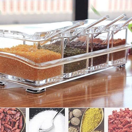 Image of Spice Box with 4 Square Containers and Spoons | Transparent Condiment Storage Set with Hinged Lids and Tray
