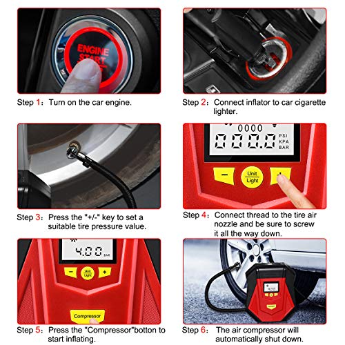Air Compressor Tire Inflator,Portable Air Compressor 12V DC, Auto Tire Pump with Digital Pressure Gauge,LED Light, Long Cable , Auto Shut Off for Car Tires,Float Swimming Pool, Bicycle, Motorcycle