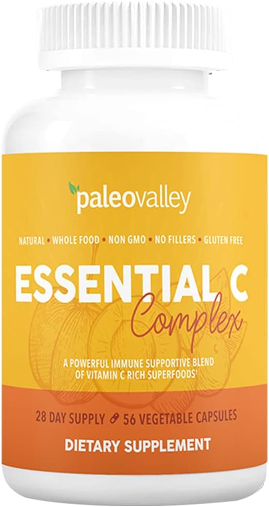 - Paleovalley Essential C Complex - Vitamin C Supplement for Immune Support - 1 Pack, 450mg - Organic Superfoods Unripe Acerola Cherry, Camu Camu, Amla Berry - No Synthetic Ascorbic Acid - USA Made