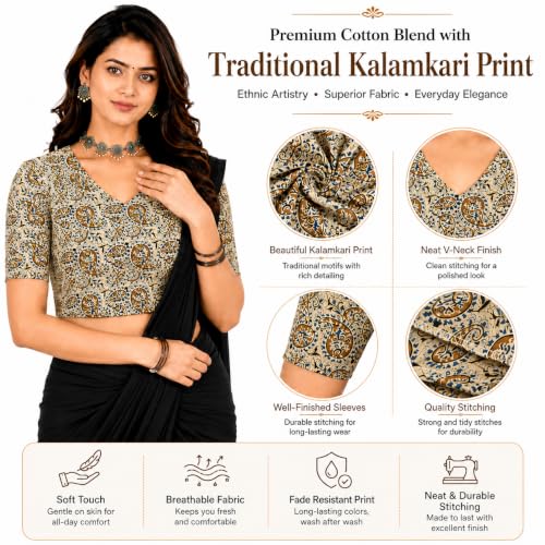 Image of Mogsa Women's Kalamkari Print Cotton Stretchable V-Neck Readymade Saree Blouse | Soft Cotton Blend | Stretch Fabric | Ready-to-Wear
