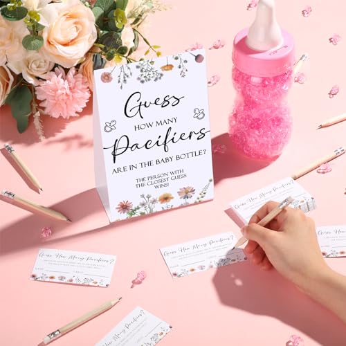 Image of Roowest 512 Pcs Baby Shower Games Guess How Many Pacifiers Sign 100 Small Guessing Games 10 HB Pencils 750ml Milk Bottle 400 Acrylic Pacifiers Decoration for Guest Gender Reveal(Pink,Wild Flower)