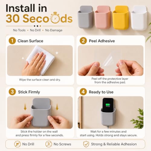 Image of STEPALZZ Wall Mount Mobile Holder Stand (Pack of 4) Self Adhesive Phone Charging Holder Plastic Remote Holder Wall Storage Pocket for Mobile Phone TV AC Remote Charging Organizer for Home Office