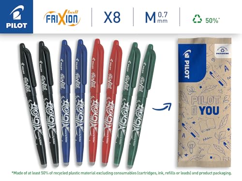 PILOT Lot de 8 Frixion Ball Stylo effaçable à encre thermosensible Stylo roller rechargeable fabriqué à partir de plastique recyclé 2 Bleus 2 Rouges 2 Verts 2 Noirs Pointe moyenne - vue 2
