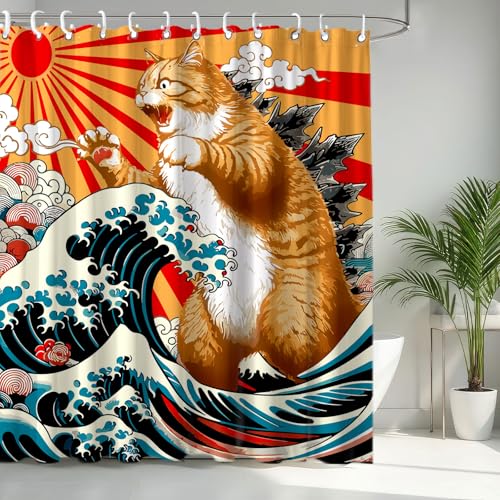Image of Funny Japanese Cat Shower Curtain, Vintage Orange Cat Japan Anime Ocean Wave Waterproof Shower Curtain with Hooks, Funky Animal Sun Fabric Shower Curtains Kids Bathroom Decor 72X72inches