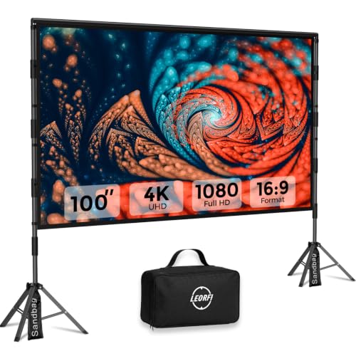 Écran de Projection Portable 100 Pouces avec Trépied - LEORFI Toile de Projection HD 4K 16:9 pour Intérieur/Extérieur, Projection Avant/Arrière, Léger avec Sac de Transport et Accessoires de Fixation