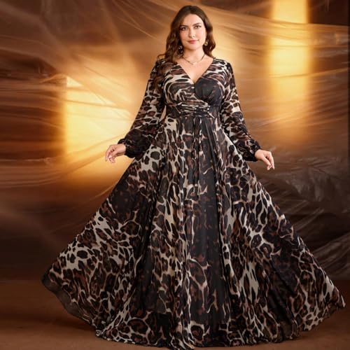 Image of Spring Summer 2024 Plus Size Womens Dresses V Neck Casual Elegant Long Sleeve Floral Print Maxi Dress