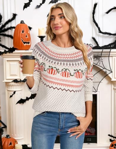 Image of Womens Fair Isle Sweaters Long Sleeve Crewneck Fall Winter Pullover Sweater