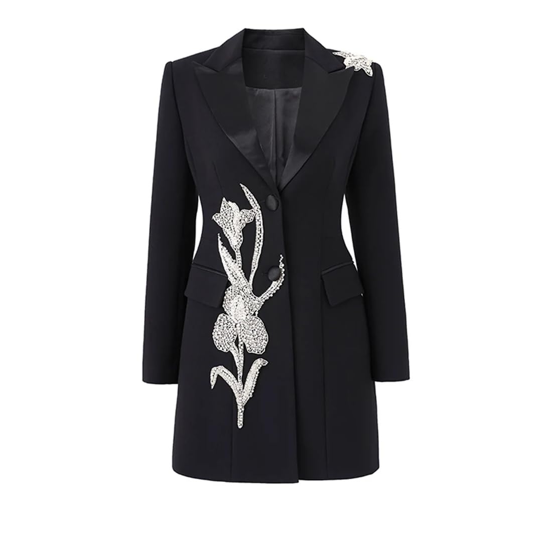 Women Elegant Design Party Evening Style 3D Flower Stones Beadeds Notched Dress Black Blazer
