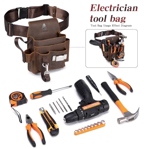 Genuine Leather Electrician Tool Pouch and Belt, Small Adjustable Leather Tool Belt with Multi-Pockets for Electricians, Brown
