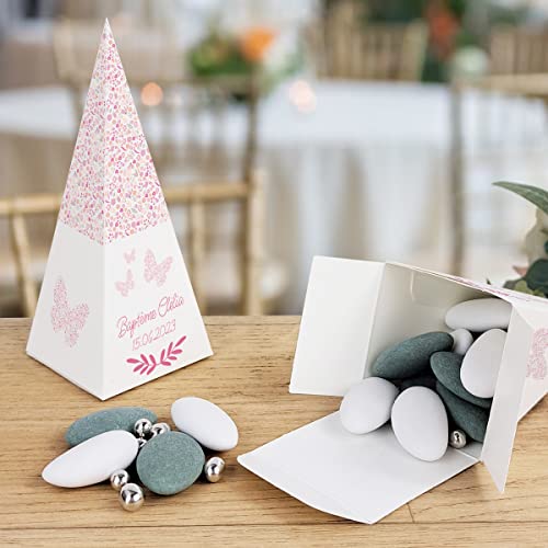 Boîtes à dragées ballotin bapteme communion mariage Cone ''Papillons liberty'' personnalisée avec votre texte lot de 4