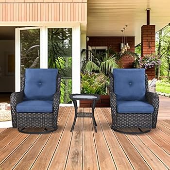 Alternative view of HUMMUH 3-Piece Swivel Rocking Rattan Chair Outdoor, Patio Bistro Furniture Conversation Set, Cushioned Wicker Chair with Glass Coffee Table(Brown, Blue)