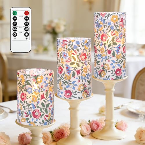 Image of MELTONE Flower Flameless Candles Remote Real Wax Flickering Bohemian Style Battery Operated Glass Candles - Home Party Bedroom Birthday Christmas Summer Spring Decorations