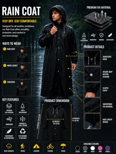 Image of Hooded Waterproof Men's & Women's Raincoat, Lightweight Long Rain Jacket, Button Front, Windproof Outdoor Rainwear | Free Size |
