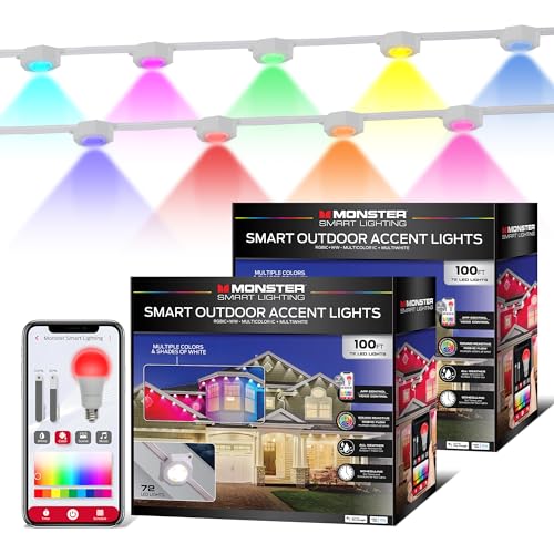 Image of Monster Smart Permanent Outdoor Lights, 200ft, 144 LED Eaves Lights, RGB+IC+WW, Weather & Water Resistant, App & Voice Control, Compatible with Alexa and Google, for Patios, Gardens & Year-Round Use