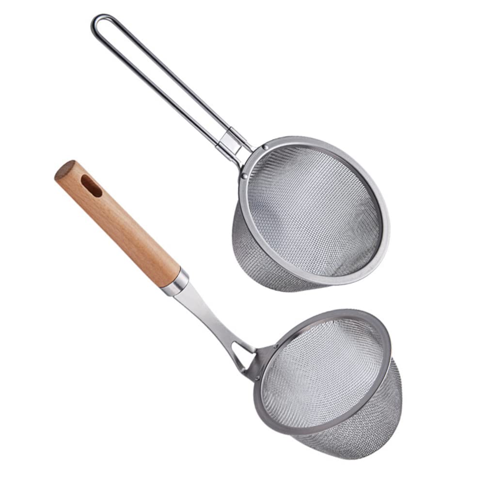2 coladores de acero inoxidable: colador de malla fina con mango, cucharón para cocinar y freír, colador de metal, fideos espaguetis (plateado)