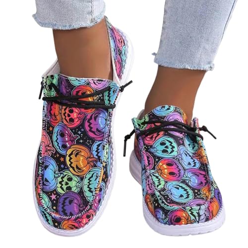 Women's Fashion Halloween Canvas Sneakers 2025,Halloween Pumpkin Ghost Print Flat Sports Shoes for Women, Slip-On Flats Low Top Lace up Walking Breathable Comfortable Canvas Sneakers