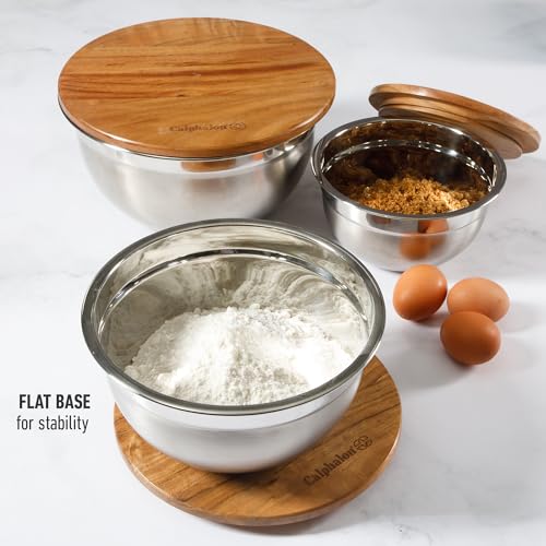 Image of Calphalon Orbit Mixing Bowl Set, 3-Piece Stainless Steel Mixing Bowls(1.5 Qt, 3 Qt, 5 Qt) with Acacia Wood Lids & Non-Slip Base, Kitchen Prep Bowls for Mixing, Serving & Food Storage