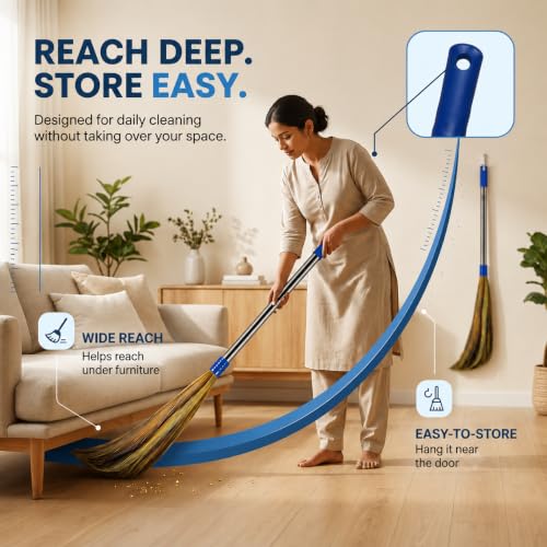 Image of Phool Jhadu | Natural Grass Broom Stick for Home Cleaning | Eco-Friendly Long Handle Jhadu | Anti Dust, Durable for Home,Office (Pack of 2)