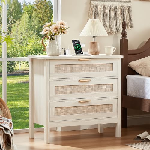 LEYAOYAO 31.5" Wide Rattan Night Stand with Charger Station, Large Boho 3 Drawer Nightstand, Grey White Bedside Table with Storage, 30" Tall Bed Side End Tables for Bedroom, Living Room, Hal