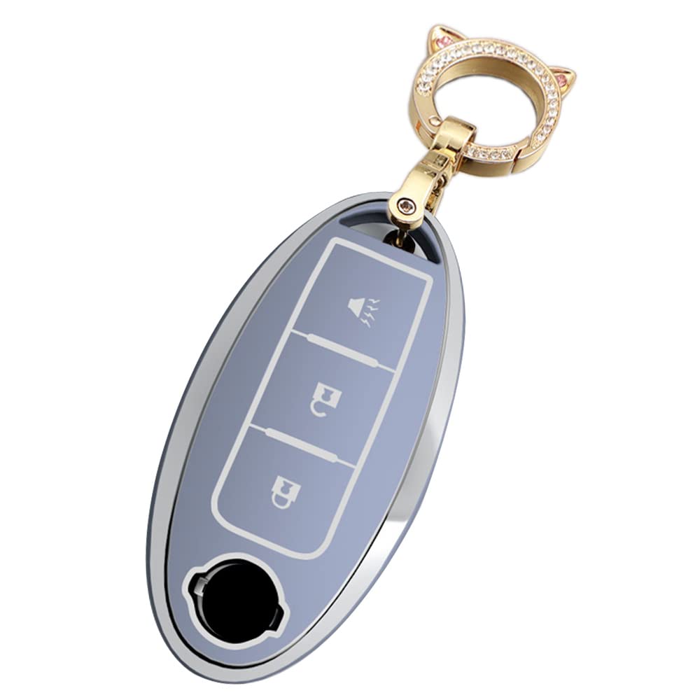 SANRILY Soft TPU Sliver-Edge 3 Button Key Fob Cover for Nissan Rogue Murano Armada Pathfinder Accessories Keyless Key Case with Bling Keychain Blue