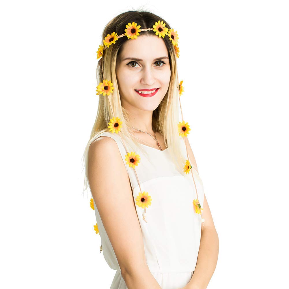 Sucrain 2 Diademas De Flores Hippie Con Corona Floral De Girasol De Verano, Accesorios Para El Cabello Para Disfraces Bohemios De Los Anos 70