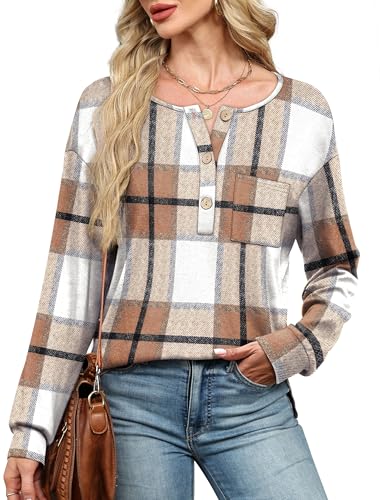 OFEEFAN Womens Tops Long Sleeve Curved Hem Tunic Tops V Neck Henley Shirts for Women Dressy Casual with Pocket3