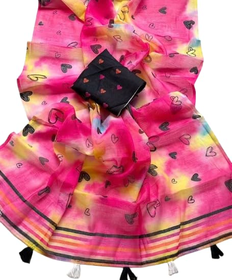Women’s Heart Motif Printed Saree with Striped Border and Tassel Detailing | Lightweight Soft-Drape Traditional Saree with Unstitched Blouse Piece for Casual, Festive-picture-47