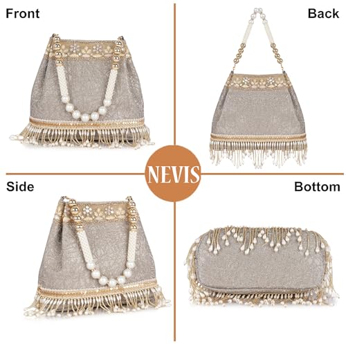 Image of Nevis PU Silk Fabric Women's Embellished Potli Bag with Pearl Handle & Fringe Detailing | Designe Wedding & Festive Handbag