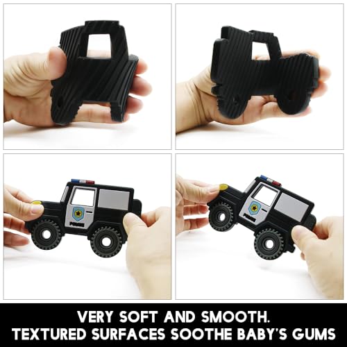 Image of Baby Food Grade Silicone Carrier Vehicle Teether Toy with Pacifier Clip Holder,Teething Toys Gift Set for 3 Months+ Boys and Girls,Freezer Safe,BPA Free. (Police Car)