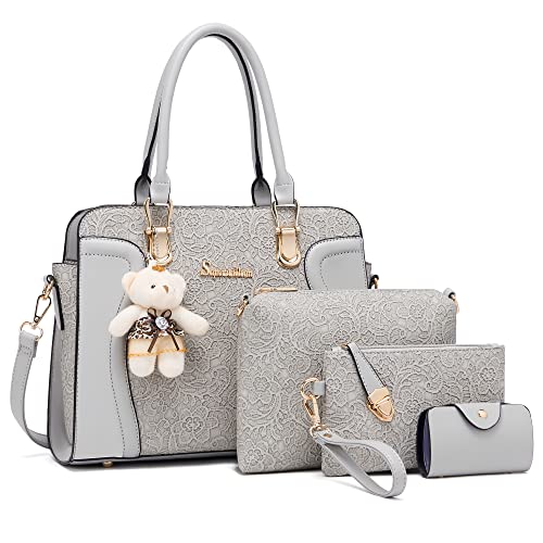 Image of Women's Fashion Handbag Tote Bag Shoulder Top Handle Satchel Purse Set 4pcs | Stylish Style,Chain Texture Design,Ample Space,Bear Doll Decoration,with a Crossbody Strap