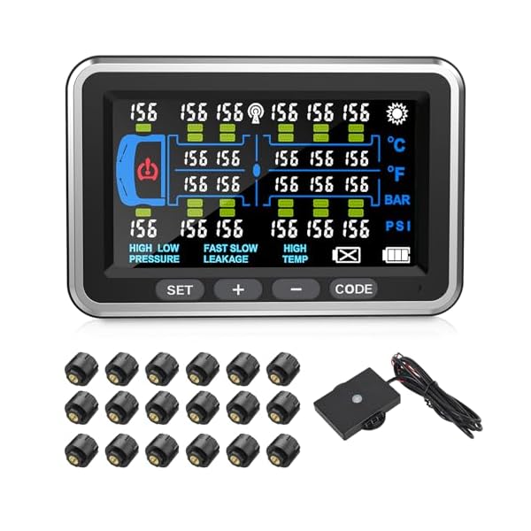 Truck Tire Pressure Monitoring System 13Bar/0-199PSI with 18 sensors 4.5 inch Color Display tpms for RV/Trailer 6 Alert Modes for Heavy Trucks and Long Body Vehicles