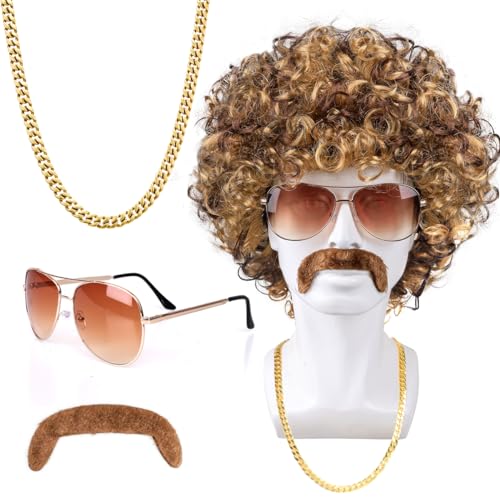 Humairc Perruque Afro Deguisement Hippie Homme Perruque Hippie Costume Carnaval Halloween Costume Annees 80 70 Deguisement Disco Perruque Marron Or Homme - Perruque Lunettes Fausse Moustache Collier