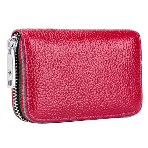 Women Men Leather Zipper RFID Card Case Multifunctional Wallet Accordion Zipper Wallet (Wine red,L 4.1 in x W 2.7in x H 0.98 in)