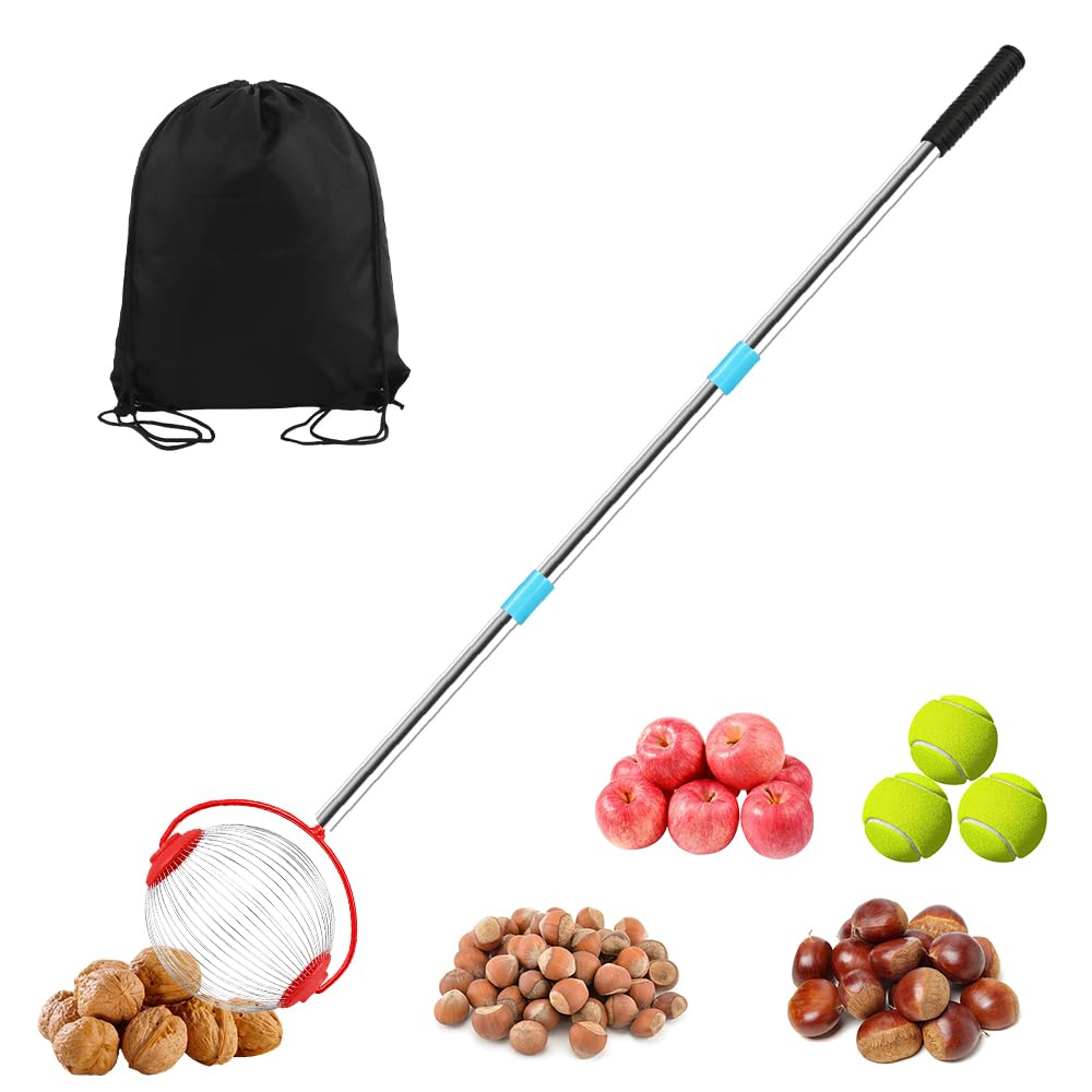 Rollsammler, 120 cm Nusssammler mit Obstbeutel(34×43cm), Apfelsammler Rollsammler mit Teleskopstiel, Obstsammler Erntemaschine, Apfelpflücker Erntekorb für Haselnuss Kirschen Golfbälle Tennisbälle