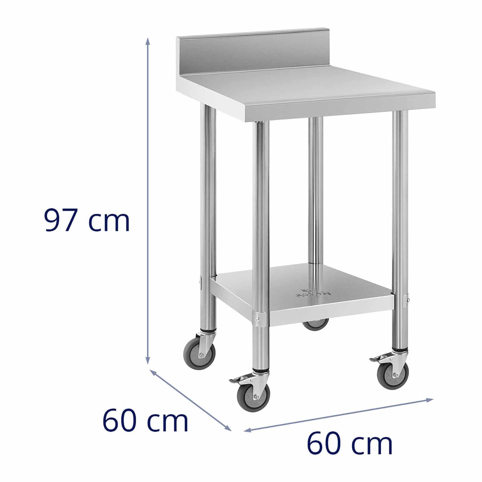 Royal Catering RCAT-60/60-WS Mesa de trabajo de acero inoxidable con ruedas y borde posterior 60 x 60 cm, capacidad de carga de 120 kg