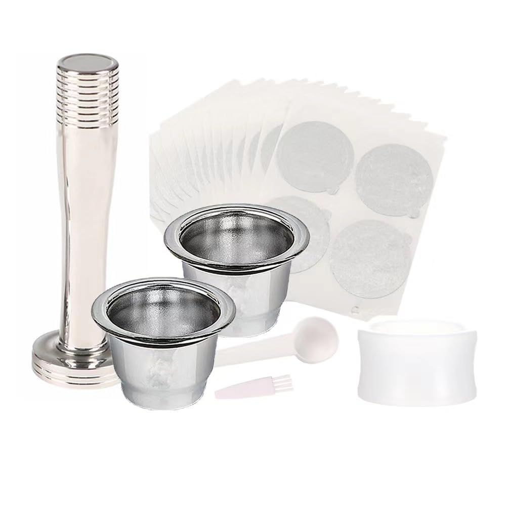 1.Reusable Espresso Capsules Refillable Coffee Pod Stainless Steel Cups Compatible with Nespresso OriginalLine Brewer (2*Pods + 100*Seals(Diameter:37mm) +1*Tamper+ 1*Plastic Scoop + 1*Brush)