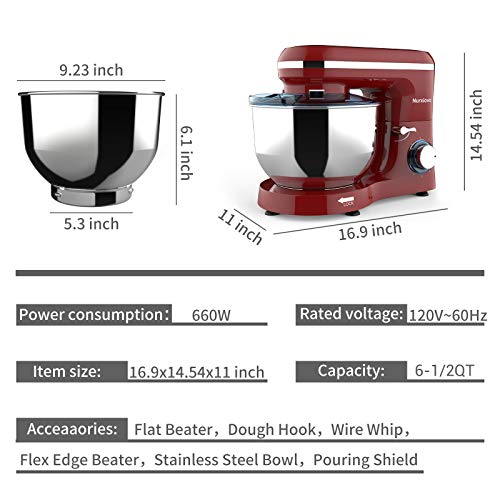 Nurxiovo 6.5QT Stand Mixer 660W Dough Hook Whisk Beater 6-Speed Electric Mixer Kitchen Tilt-Head Food Mixer with Stainless Steel Bowl (Red) - Thumbnail 6