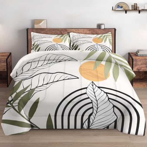 WeCozy Queen Size Comforter Set with 2 Pillowcases, Mid Century Leaf 3 Pcs Bedding for Kids and Adults, Summer Green Geometric Soft Comforter Set for Bedroom Bed Decor