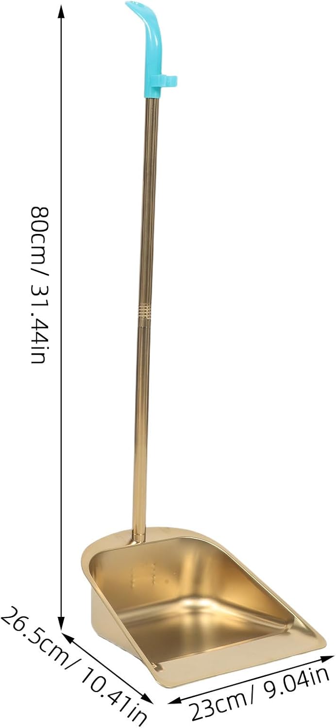 Golden Stainless Steel Dustpan Prevents Scrapes on Floors with Long Handle No Bending Required, Extra Wide Scooper Mouth for Family Use Suitable for Mixed Wet and Dry Household