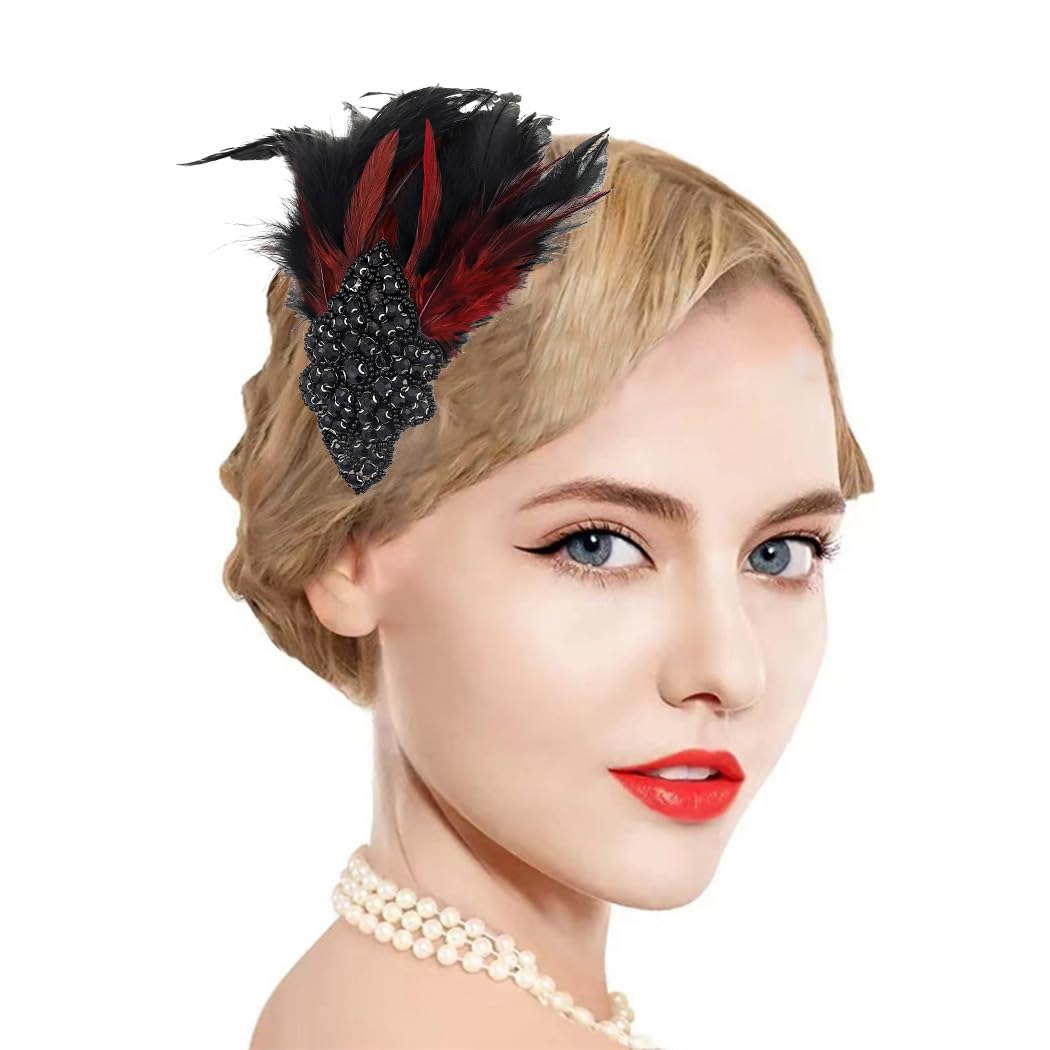 Gangel 1920s Flapper Headband Great Feather Hair Clip Roaring 20s Headpiece Vintage Flower Hairband Harlem Nights Prom Headbands for Women (black)
