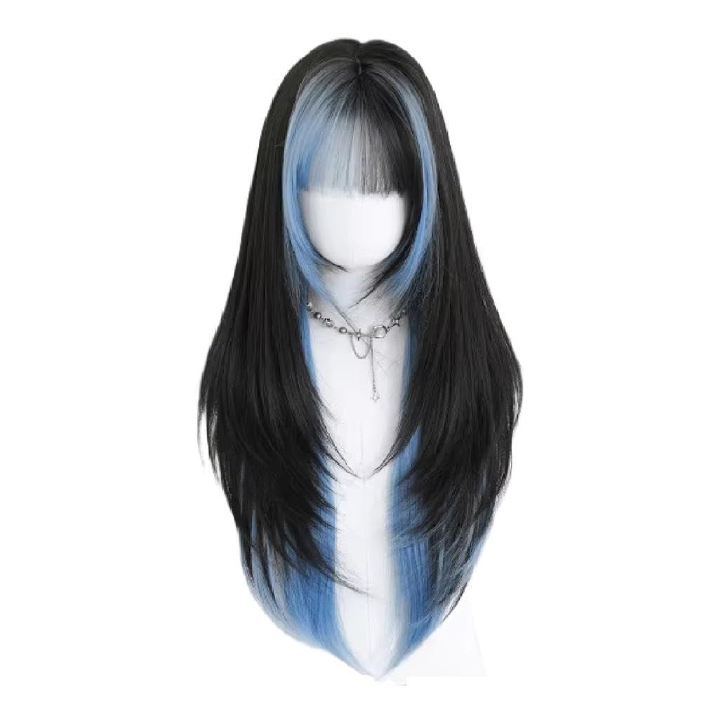 Haarpflege Lange Gerade Geschichtete Schwarze Blaue Perücke Für Frauen Bescheidene Wear and Go Perücken Mit Ordentlichem Pony