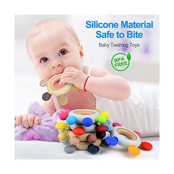 Arudyo Beißring aus Silikon BPA-frei Spielzeug Baby Ruder Greifling Zahnen Nursing Zubehör mit Hölzern Ring (Khaki) – Bild 3