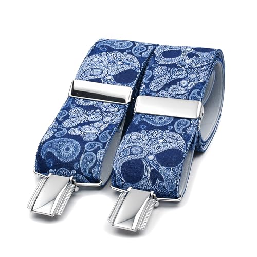 Tirantes Hombre Hechos a mano en España. Tirantes para pantalones hombre | 3 Pinzas extrafuertes | Color azul con calaveras y Cachemire (Cachemir Calaveras)