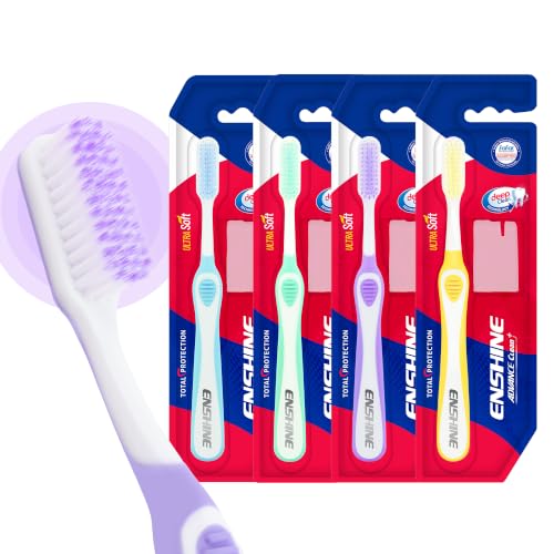 Image of Enshine Advance Clean+ Soft Toothbrush for Adults - Pack of 4 | Ultra Soft Tapered PBT Bristles | Tooth Brush Set with Non-Slip Grip | Manual Toothbrushes for Sensitive Gums & Enamel | Multi-Color