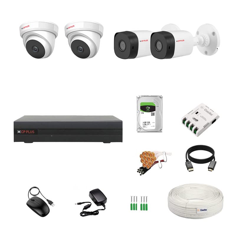 Image of CP Plus 4 Channel DVR + 5MP 2 Dome & 2 Bullet Cameras with Audio Recording (Day /Night Vision) + 1TB HDD + Copper Cable Roll (1+3) + 4 CH Power Supply + BNC & DC Full Combo Kit