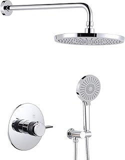 Comprar Grifo de ducha empotrado con termostato, sistema de ducha empotrable, 25 cm, redondo, alcachofa de ducha de alta presión, ducha de lluvia para el baño, cuerpo de latón, cromo
